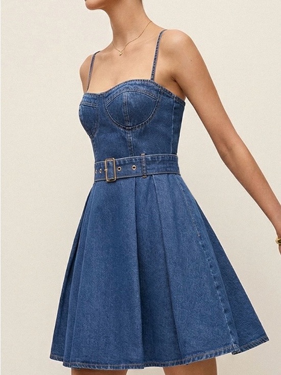 Commense Dresses & Skirts - Commense Blue Denim Mini Dress with Belted Waist